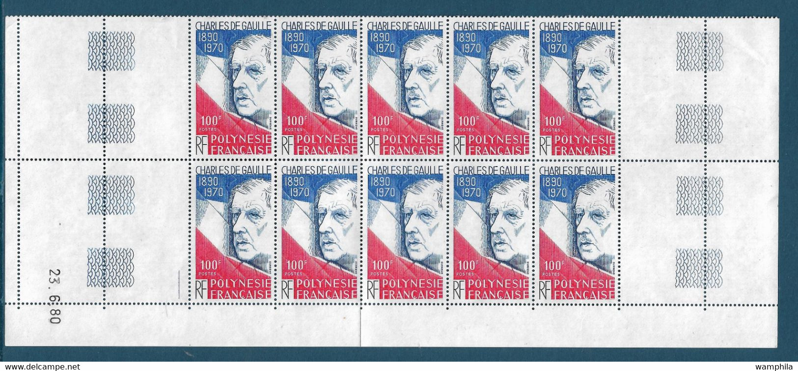 Polynésie N°159** Charles De Gaulle, Un Bloc De 10 Timbres Dont Coin Daté, Cote 67€ - Colecciones & Series