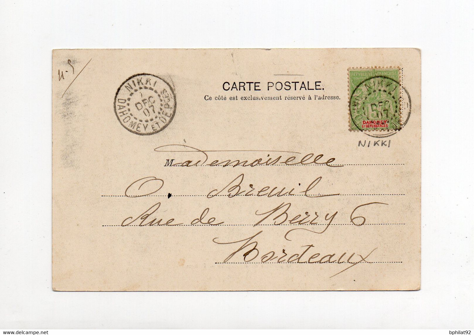 !!! DAHOMEY, CACHET DE NIKKI DE 1907 SUR CPA DE L'ORPHELINAT DE ZAGNANADO POUR BORDEAUX - Covers & Documents