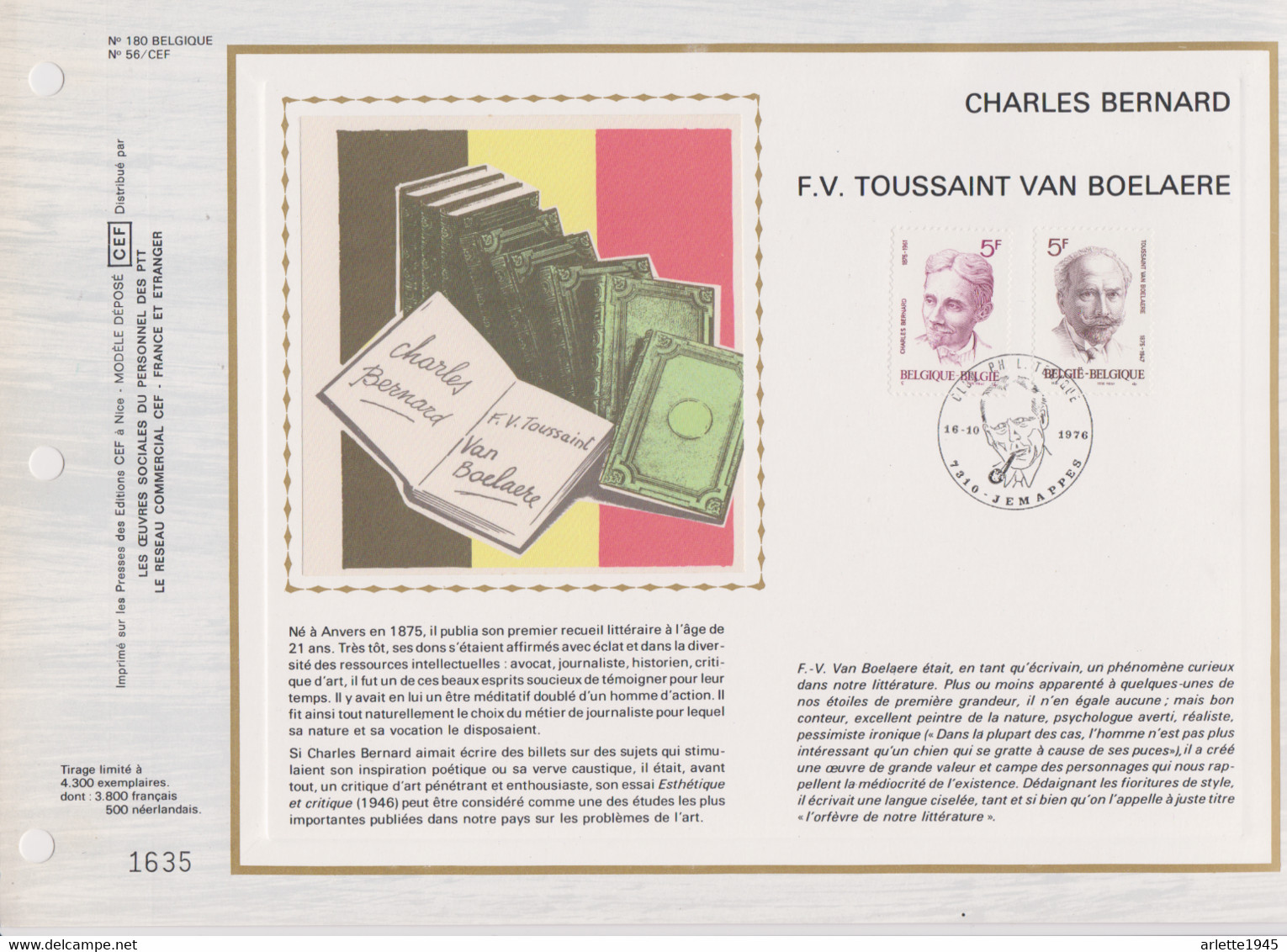 FEUILLET  CHARLES BERNARD  F . V TOUSSAINT VAN BOELAERE 1976 - Feuillets De Luxe [LX]