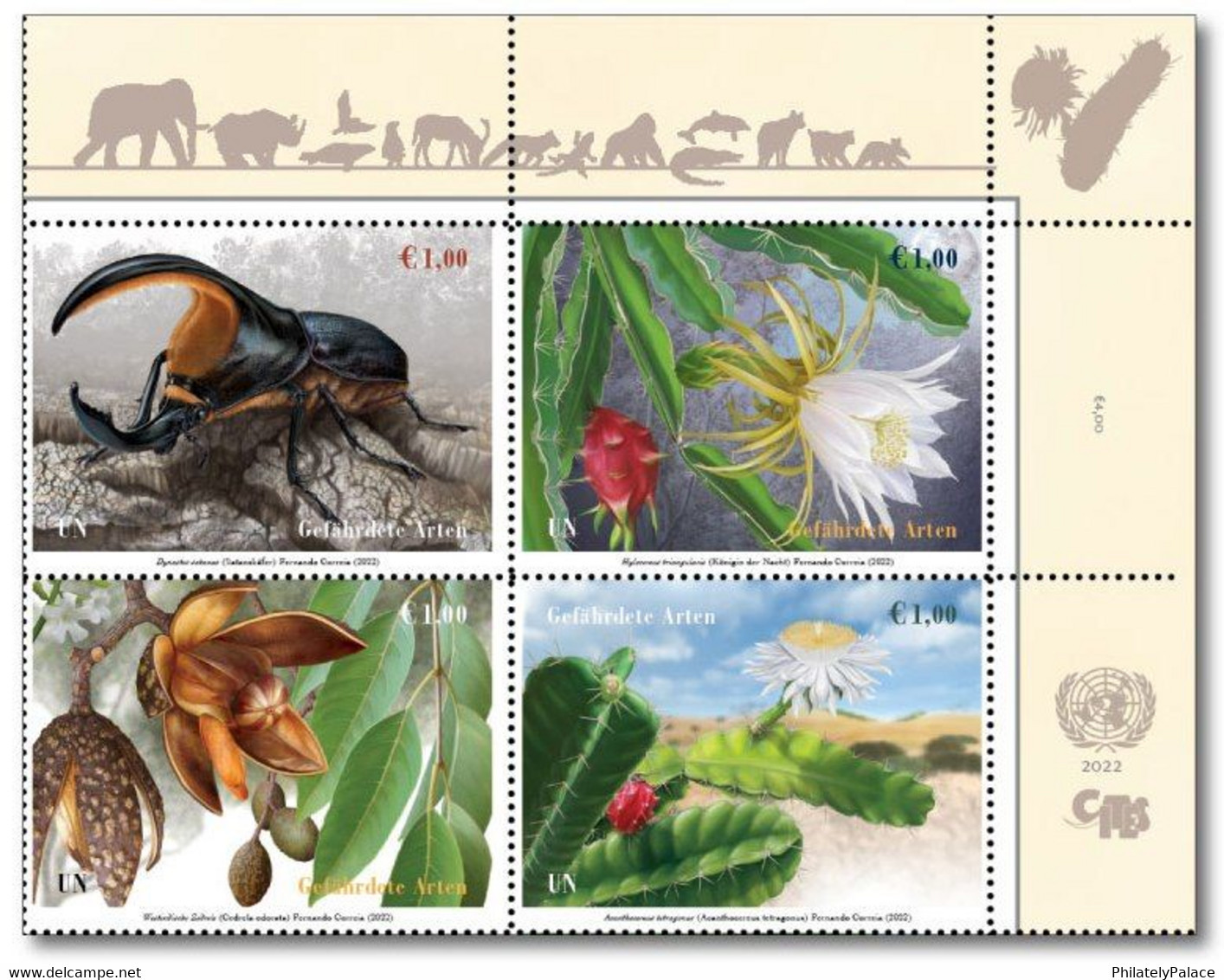 UN 2022 United Nations Endangered Species Wildlife Satanas Beetle, Cereus, Cactus, Cedar , Flora, Flower Set MNH (**) - Unused Stamps