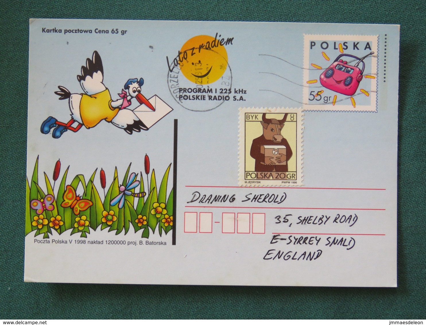 Poland 1999 Stationery Postcard To England - Pond Insects Stork Bird - Radio - Zodiac Taurus - Briefe U. Dokumente