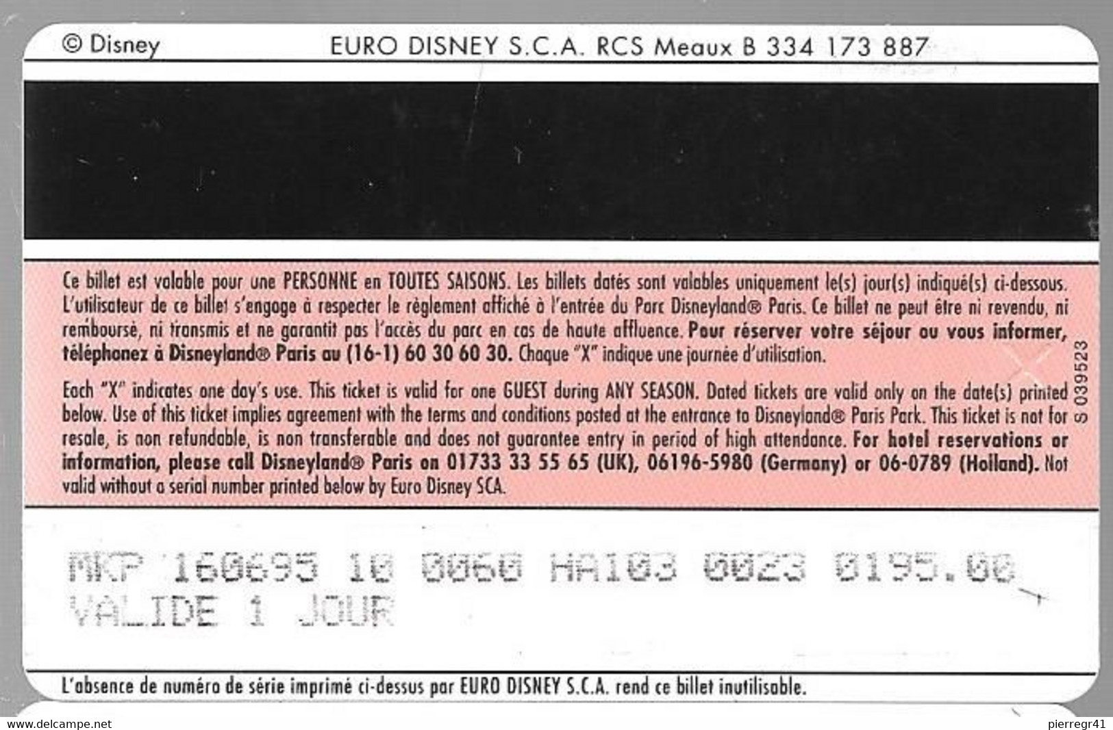 PASS-DISNEYLANDPARIS -1996-SPACE MOUNTAIN-ADULTE-V° N° S 039523 VERTICAL A Droite-VALIDE 1 JOUR--TBE- - Disney Passports