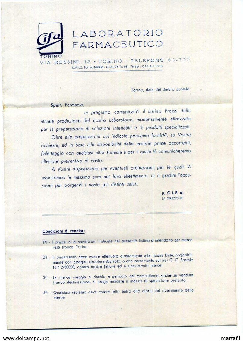 13.4.1946 Lettera Laboratorio Farmaceutico C.I.F.A. Torino Listino Prezzi - Ospedale Di Asolo - Storia Postale