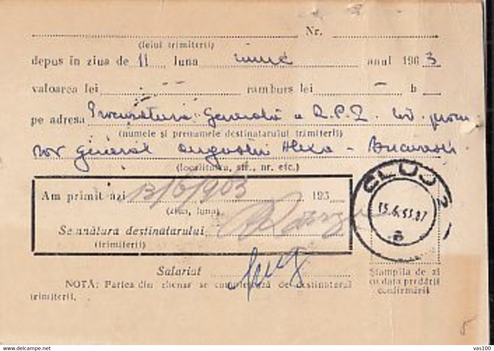 PARCEL RECEIPT CONFIRMATION, 1963, ROMANIA - Pacchi Postali