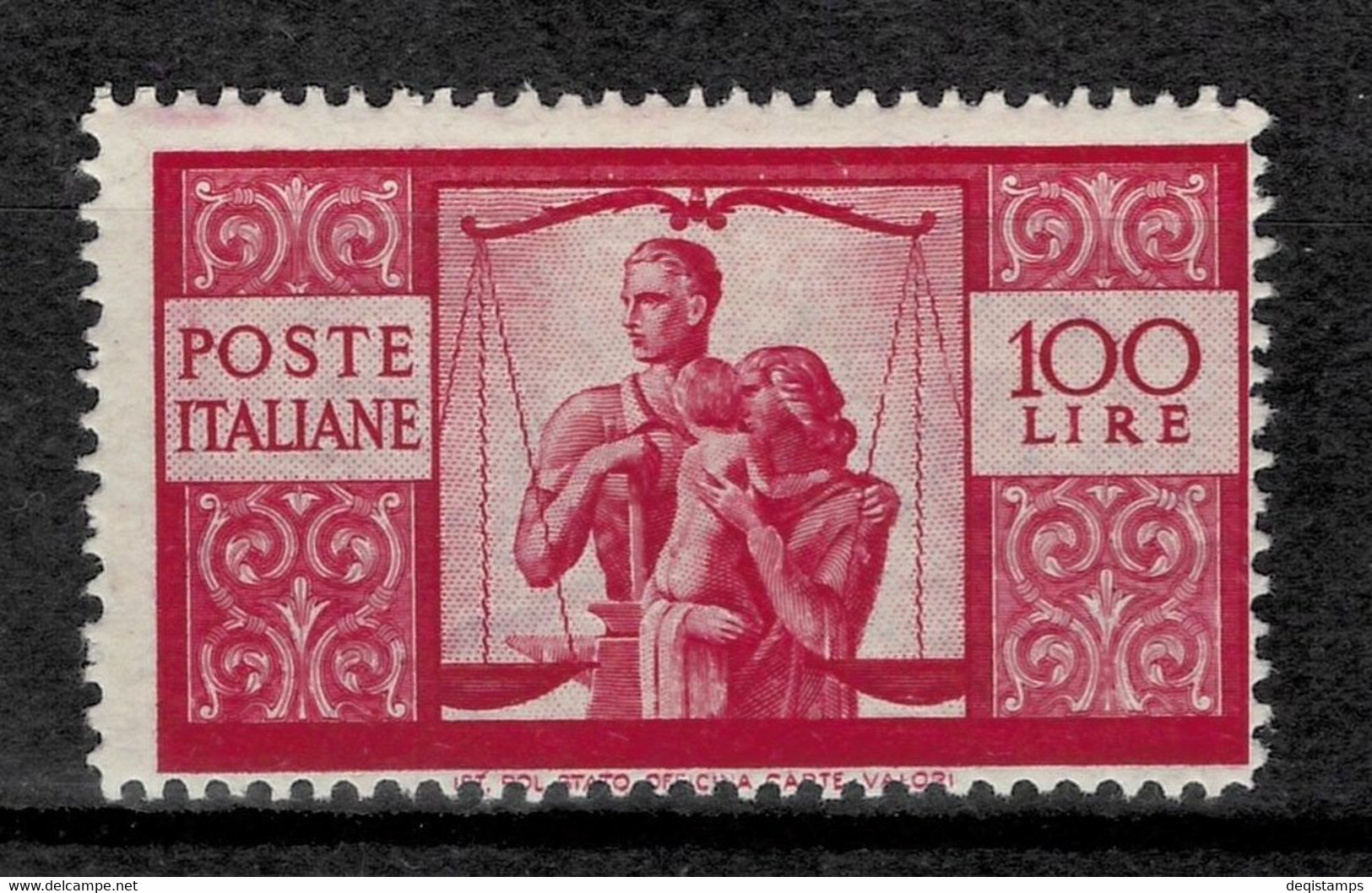 Italy 1945 100 L ☀ Carmine Sas565, SG 669 (cat. £550) ☀ MLH Stamp - Mint/hinged