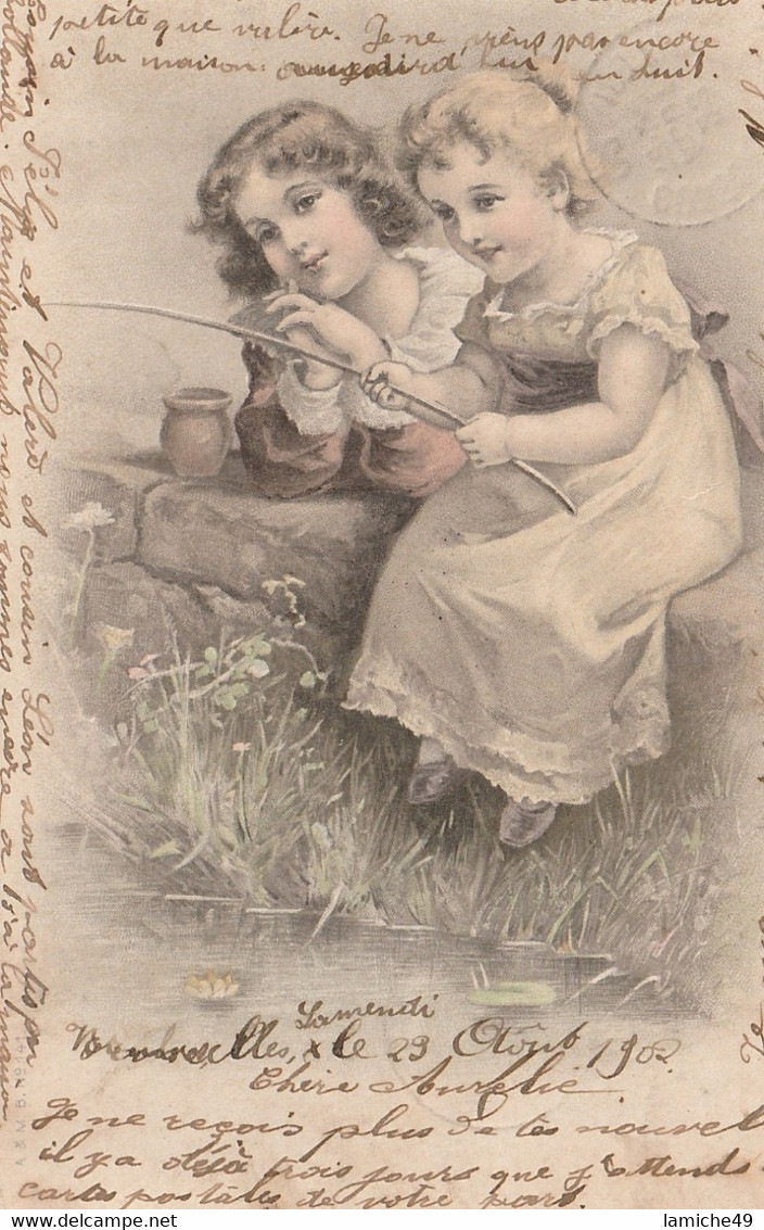 Carte Fantaisie 1902 Belgique  Deux Enfants à La Pêche Timbre Belgie 5c - Collections & Lots
