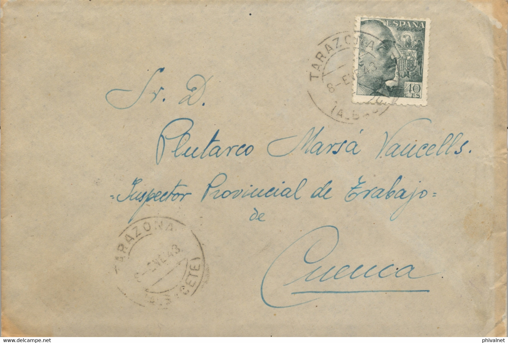 1943 , ALBACETE  , SOBRE CIRCULADO ENTRE TARAZONA Y CUENCA , LLEGADA - Storia Postale