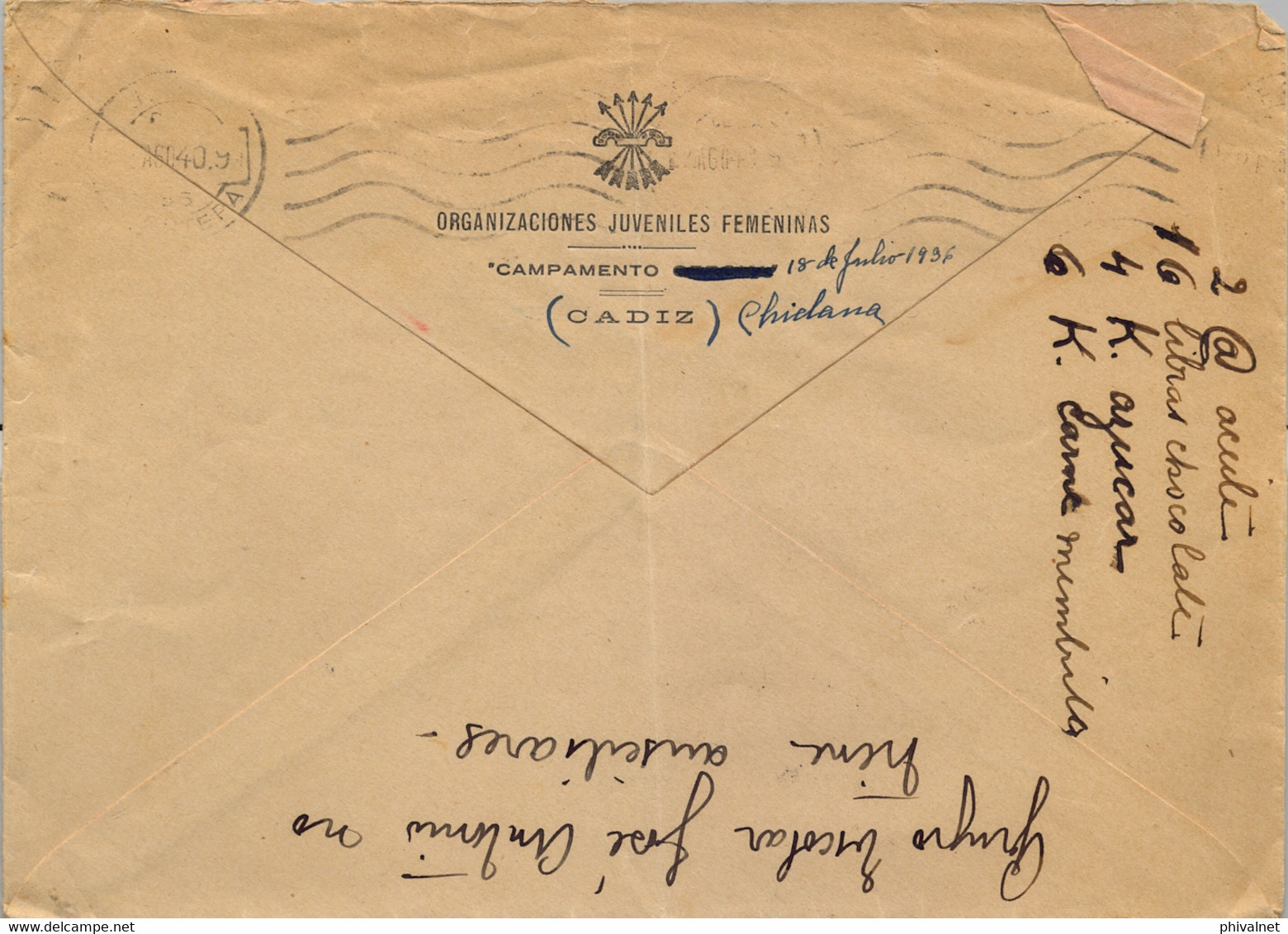 1940 , CÁDIZ    , SOBRE CIRCULADO ENTRE CHICLANA DE LA FRONTERA Y JEREZ ,FALANGE , ORGANIZACIONES JUVENILES FEMENINAS - Lettres & Documents