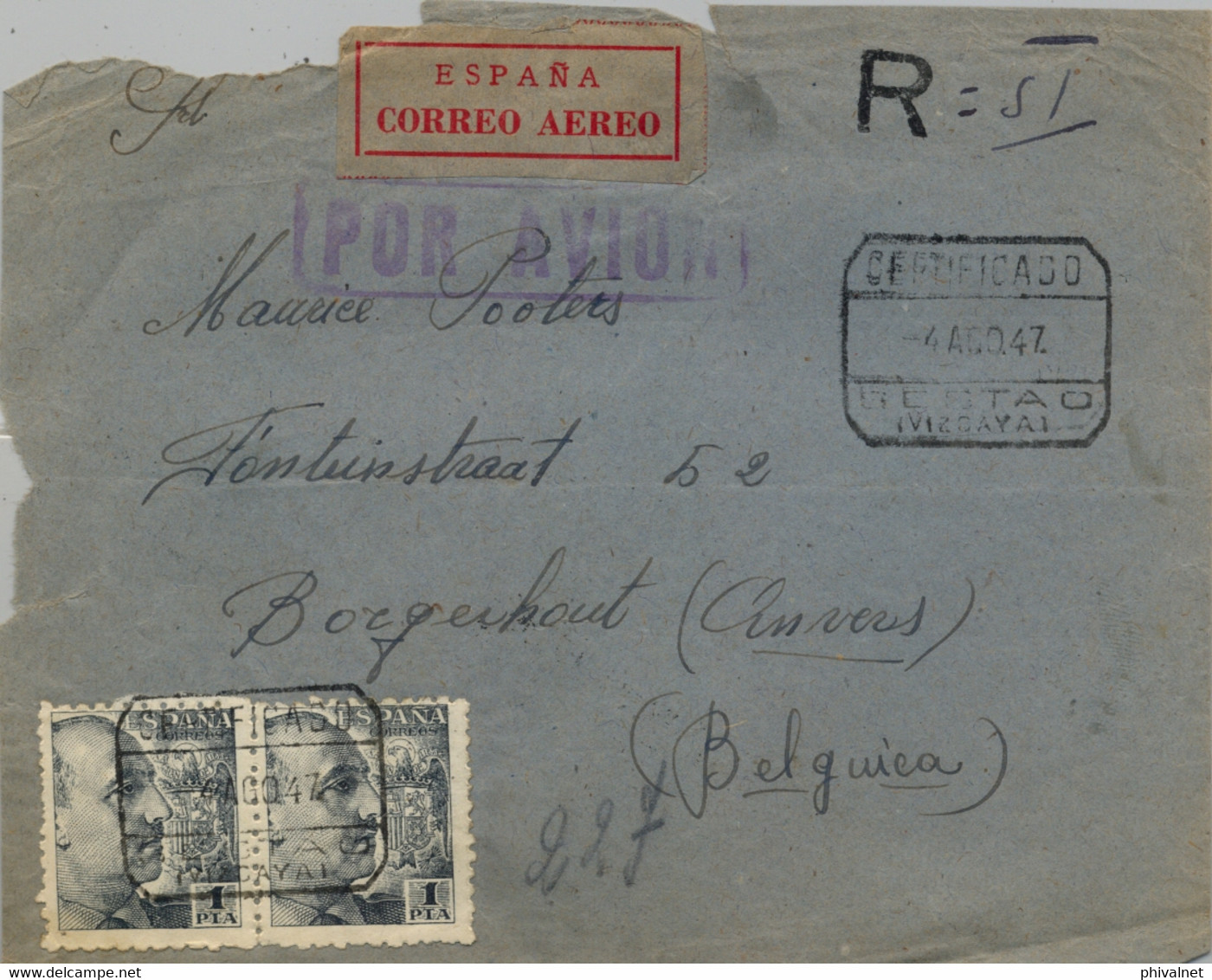 1947 , VIZCAYA , SOBRE CERTIFICADO ENTRE SESTAO Y AMBERES , CORREO AÉREO , TRÁNSITOS DE BILBAO Y MADRID - Lettres & Documents