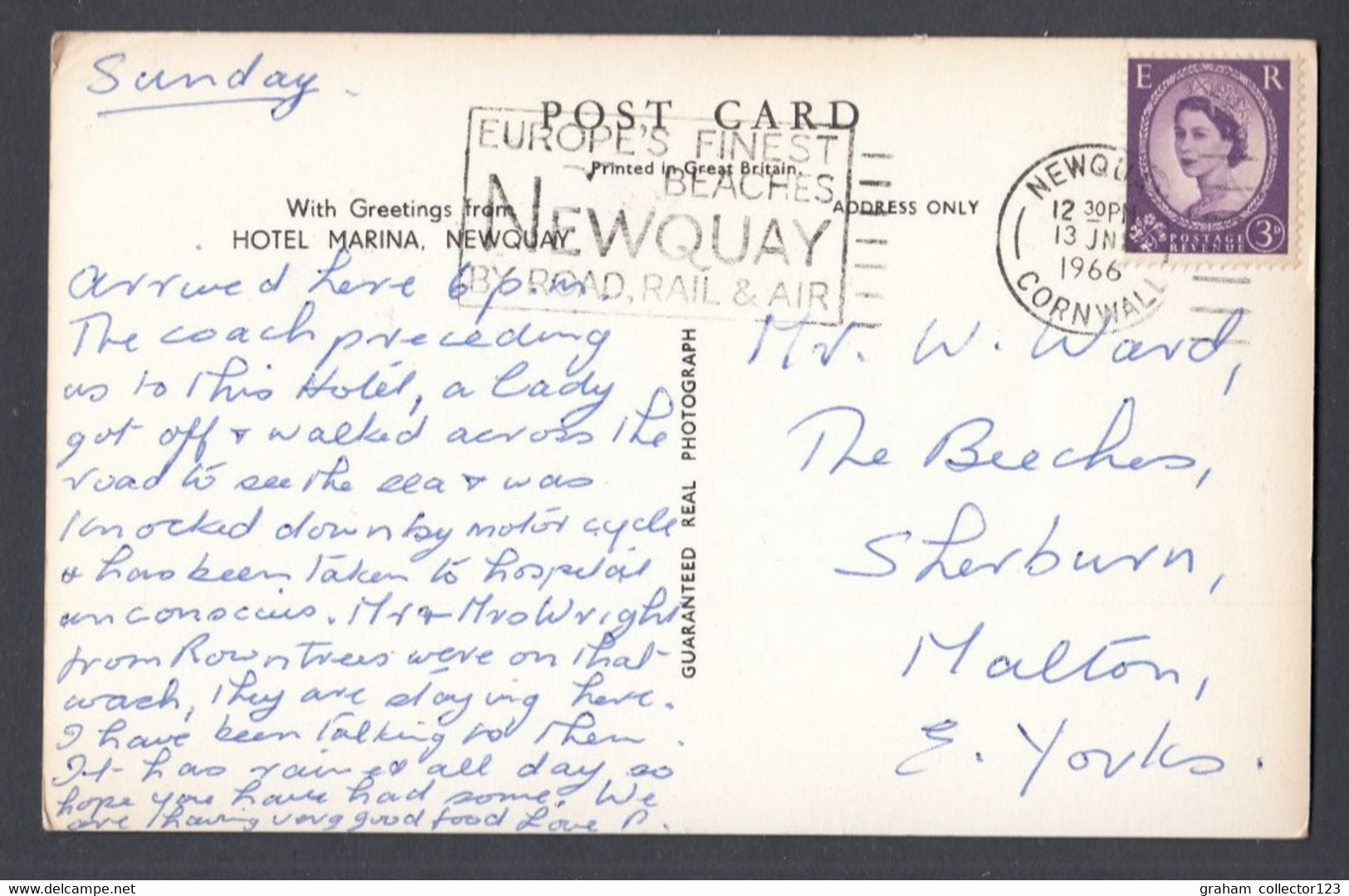 Vintage Postcard Postale Carte Postkarte Hotel Marina Newquay Cornwall RPPC Posted 1966 England RP - Newquay