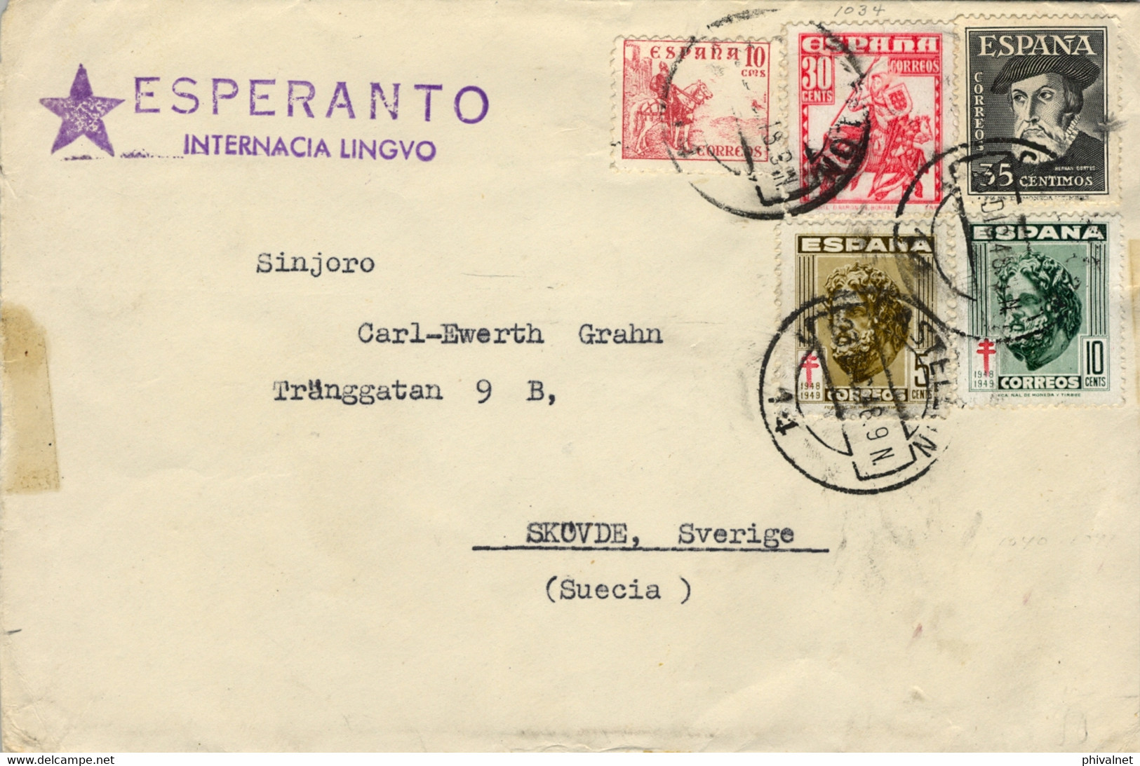 1948 CASTELLÓN , SOBRE CIRCULADO A SKOVDE EN SUECIA , ESPERANTO INTERNACIA LINGUO - Lettres & Documents