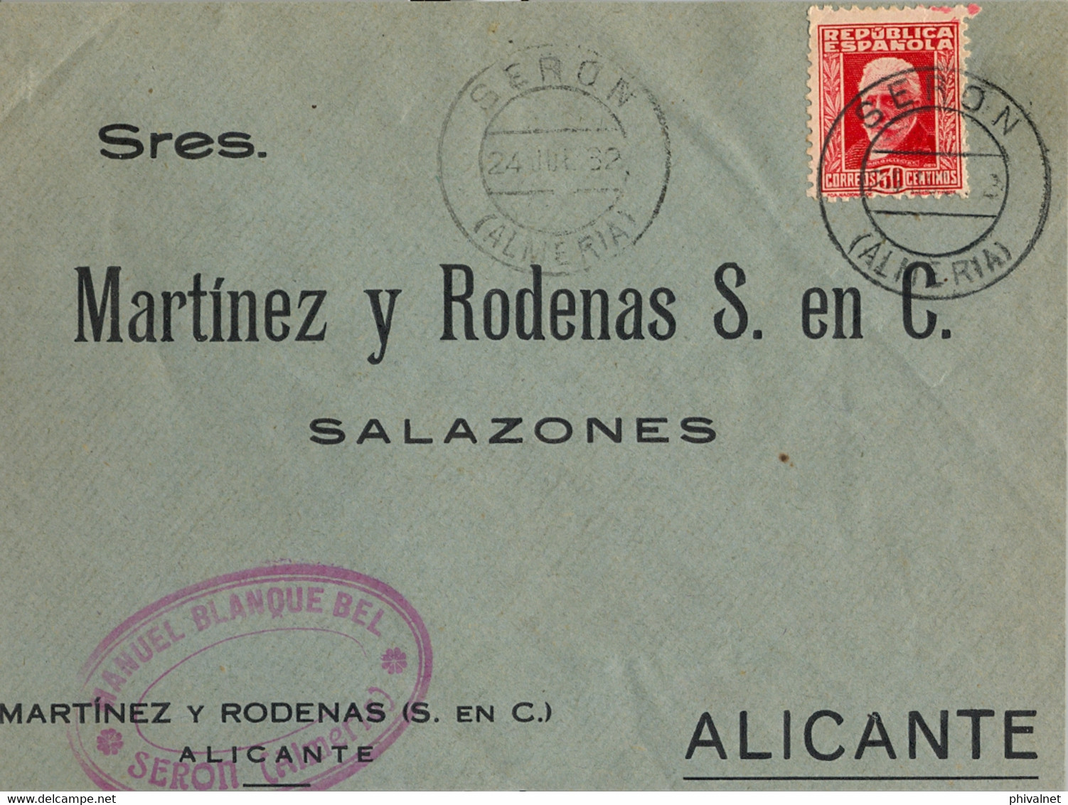 1932 ALMERIA , SOBRE COMERCIAL CIRCULADO ENTRE SERÓN Y ALICANTE , LLEGADA MUY TENUE AL DORSO - Covers & Documents