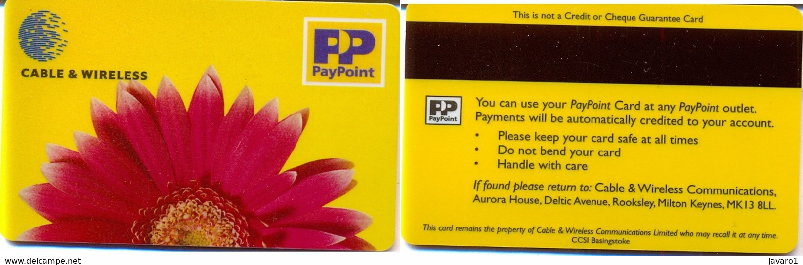 ENGLAND : USACABW2 CABLE+WIRELESS PAY POINT Card USED - To Identify