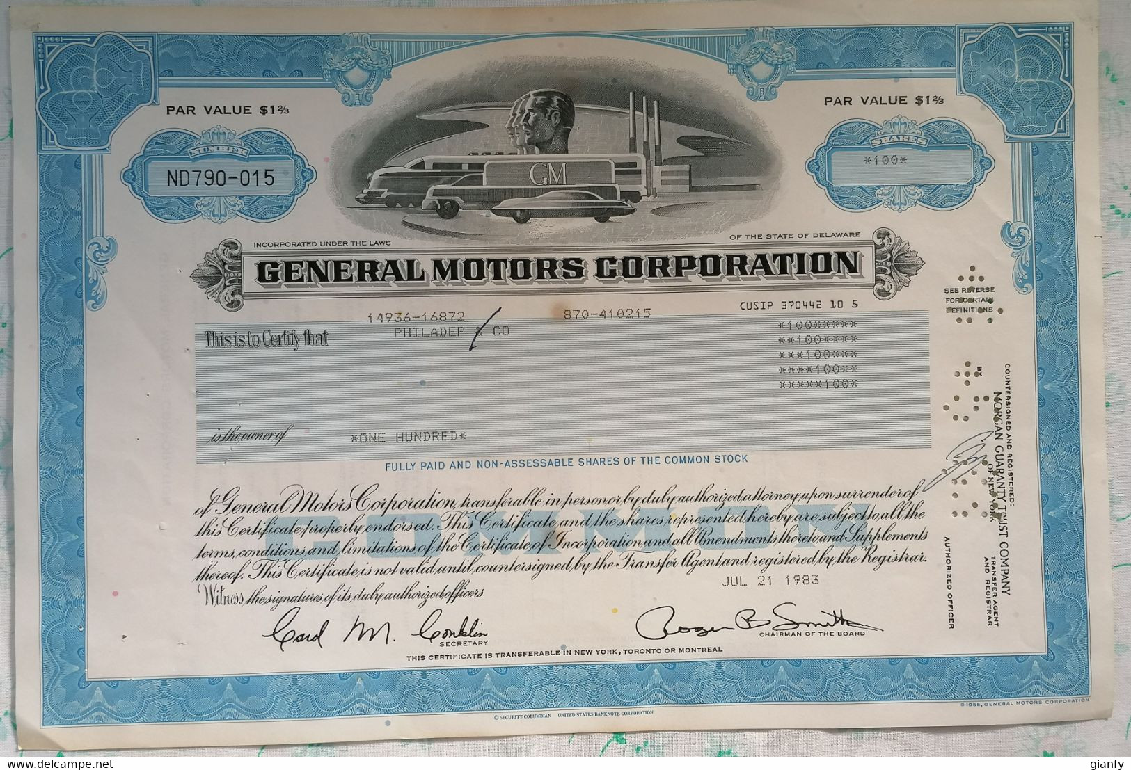 AZIONE GENERAL MOTORS CORPORATION PHILADELPHIA USA 1983 BOND EQUITY - Automobilismo