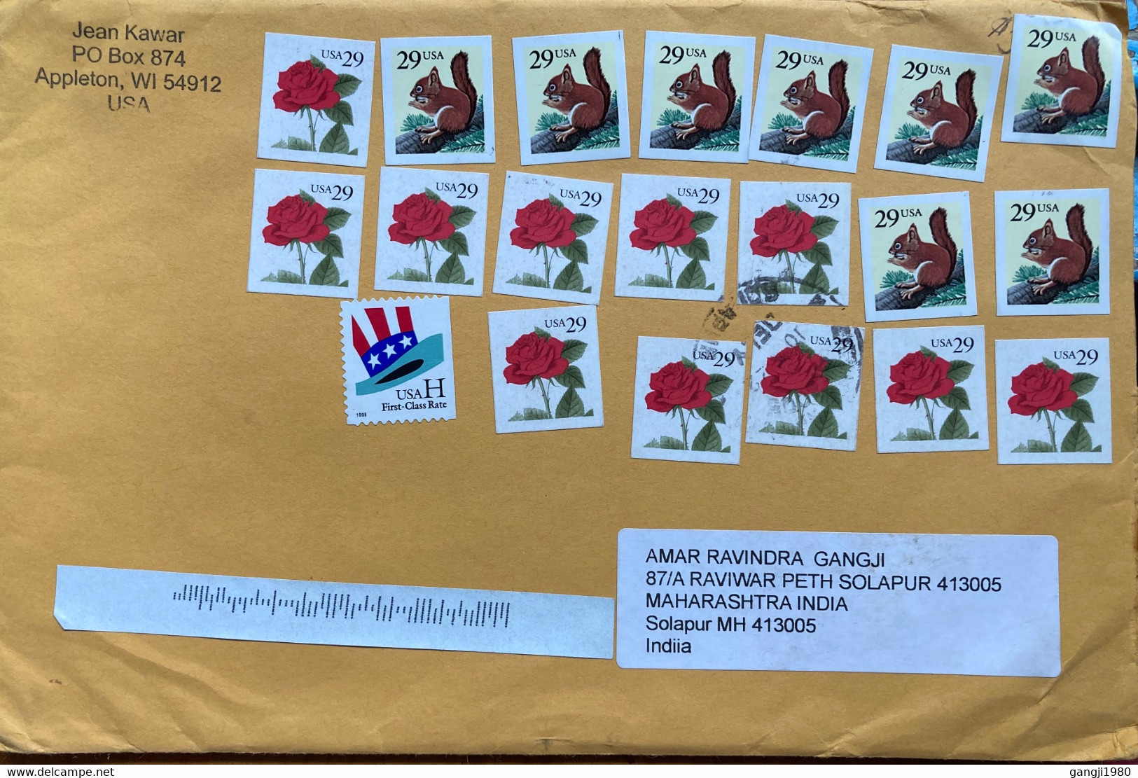USA 2022, SQUAREL, FLOWER ROSE TO TOTAL 20 STAMPS!! 16 STAMPS FV 4.60$ WITHOUT CANCELLATION COVER USED TO INDIA - Briefe U. Dokumente