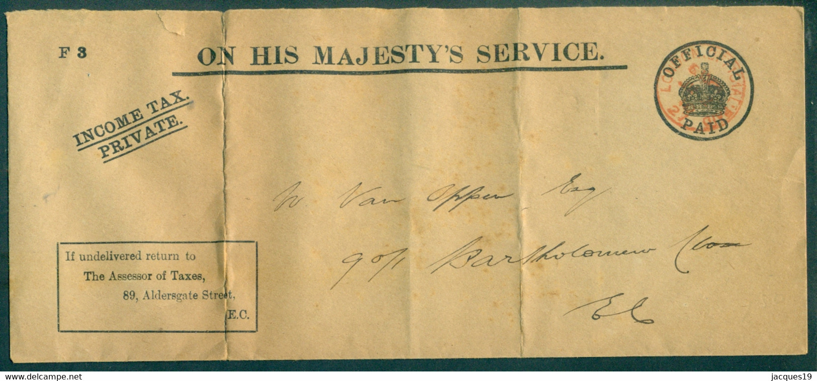 Great Britain Cover On His Majesty's Service Income Taks Private No. F 3 To London Cancel "Official Paid" Folded - Other & Unclassified