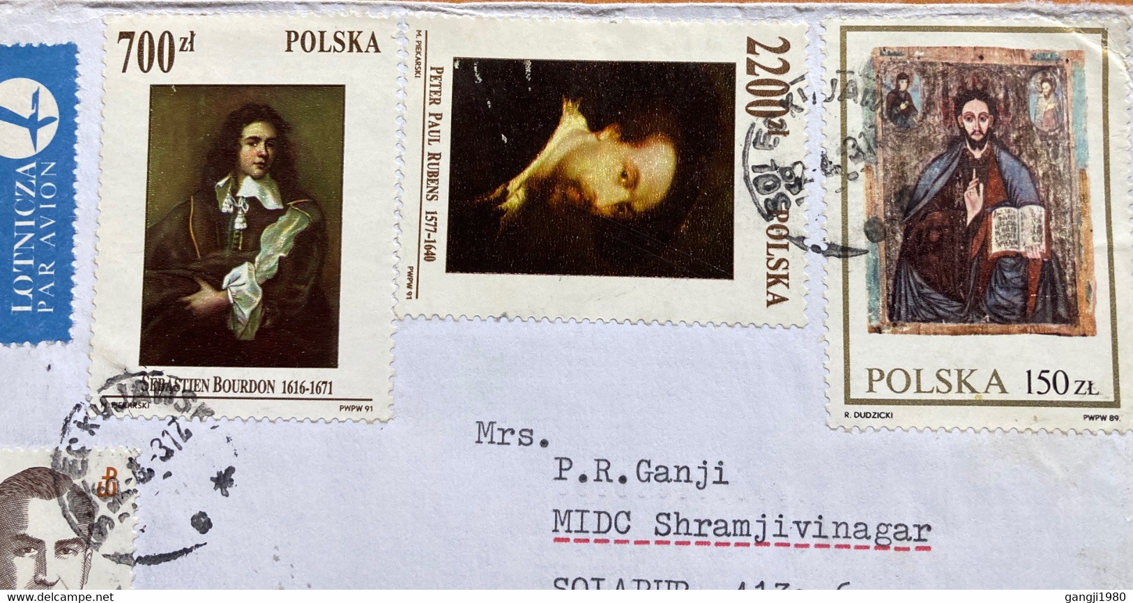 POLAND 2002, ART,PAINTING,RUBENS BOURDON ,CHRIST RELIGION,4 STAMPS 9550ZT RATE!! AIRMAIL COVER TO INDIA,SOLEC -KUJAWSKI - Lettres & Documents