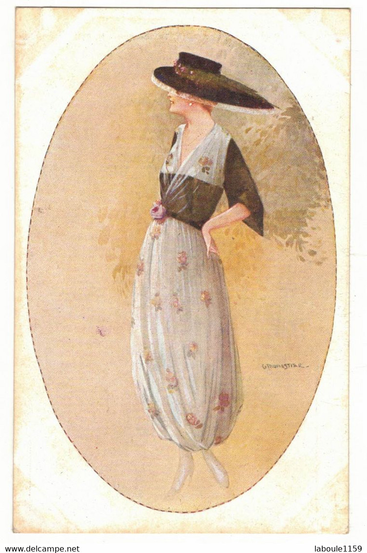 FANTAISIE ILLUSTRATEUR MONESTIER : PORTRAIT DE FEMME ELEGANTE MODE CHAPEAU ROBE BOUFFANTE - FEMME FRAU LADY VROUW - Monestier, C.