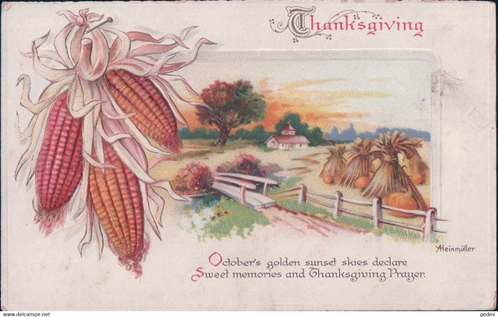 Thanksgiving, Courges, Maïs Et Céréale, A.Heinmüller Illustrateur, Litho Gaufrée (1913) - Thanksgiving