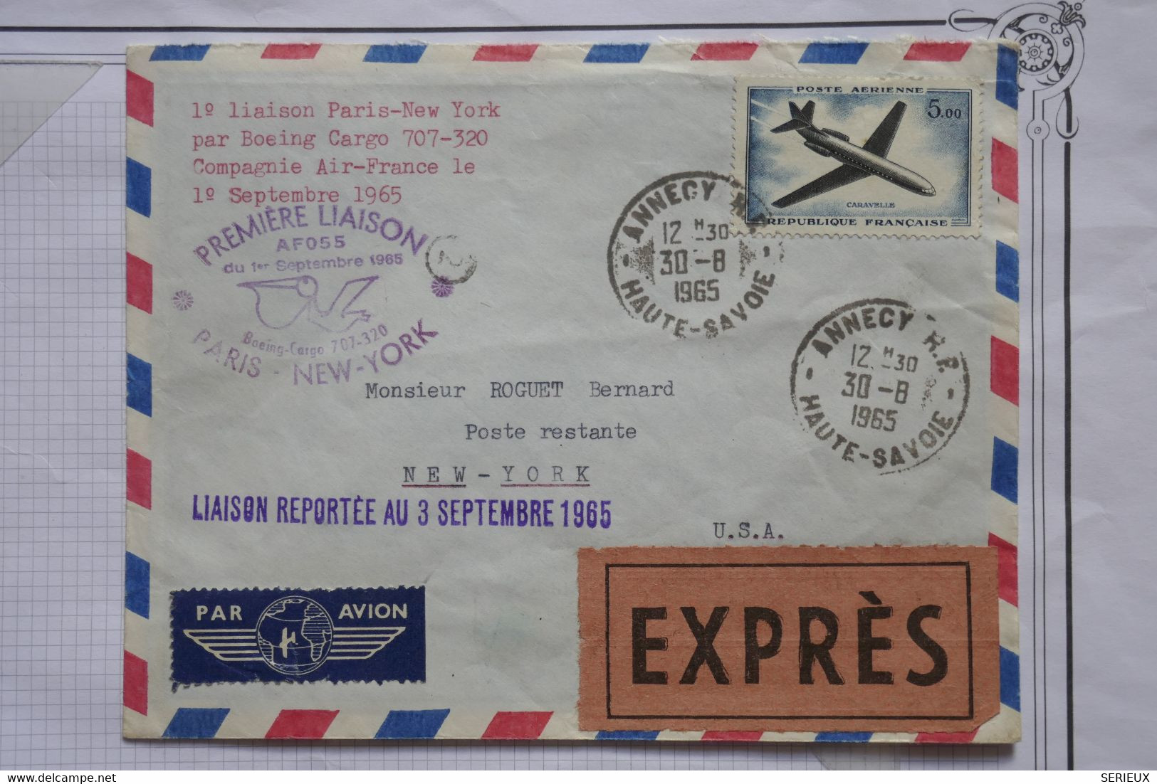 AQ22  FRANCE BELLE LETTRE EXPRESS  RRR 1965 ANNECY ..1ER VOL  PARIS NEW YORK  ++AEROPHILATELIE+ AFFRANCH.PLAISANT - 1960-.... Covers & Documents