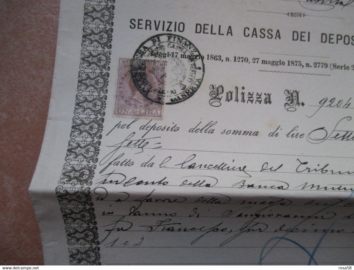 1900 Servizio Della Cassa Dei Depositi E PRESTITI Polizza N. 9204 Intendenza Finanza CASERTA Marca Bollo Lire UNA - A - C