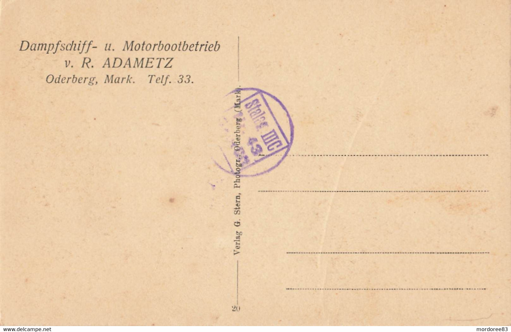 ALLEMAGNE - ODERBERG - MARK / DAMPFSCHIFF - U . MOTORBOOTBETRIEB V . R . ADAMETZ ( Cachet Stalag III Verso ) - Oderberg