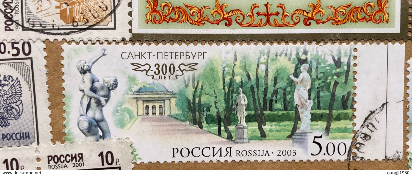 RUSSIA 2003, BLOCK BUILDING,ARCHITECTURE,NATURE,STATUE,DANCE,GLOBE,COUPLE, 22 STAMPS,COVER 3 SIDE OPEN USED TO INDIA