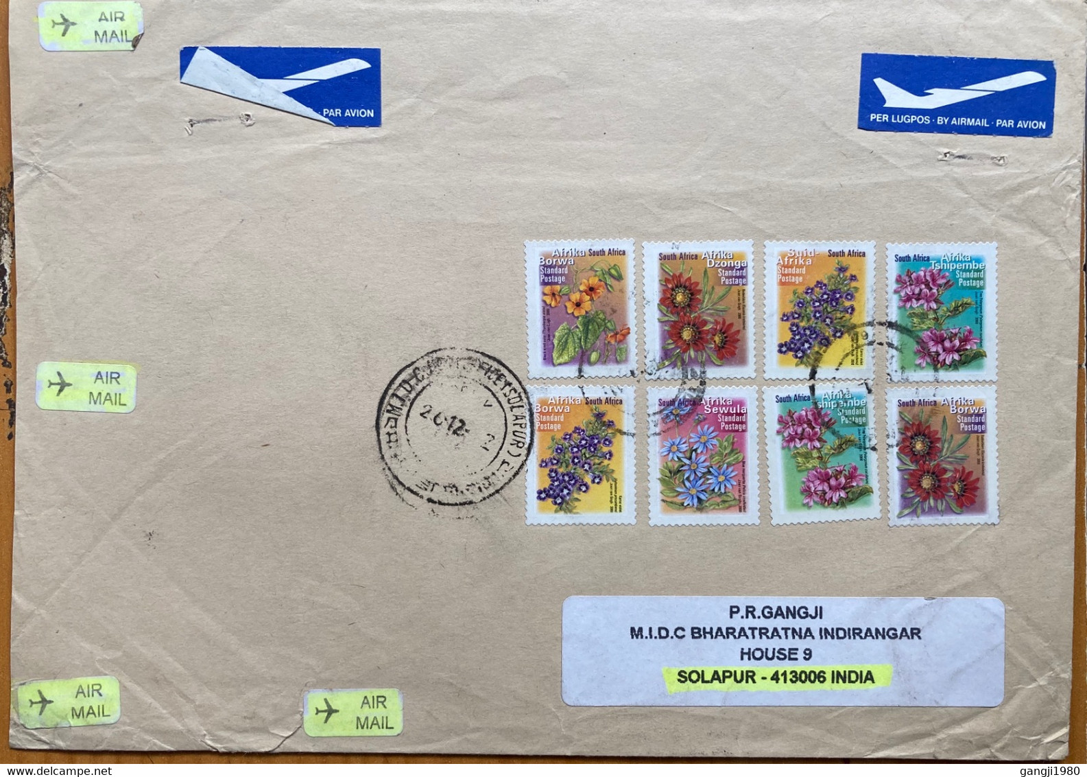 SOUTH AFRICA 2000, 8 DIFFERENT FLOWERS STAMPS USED AIRMAIL COVER TO INDIA - Lettres & Documents