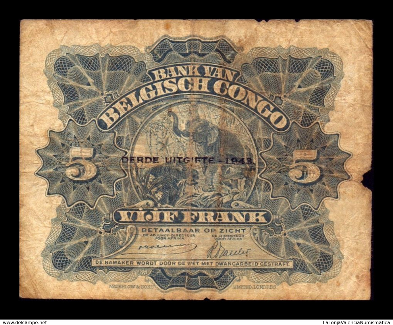 Congo Belga Belgium 5 Francs 1943 Pick 13Aa BC F - Banco De Congo Belga