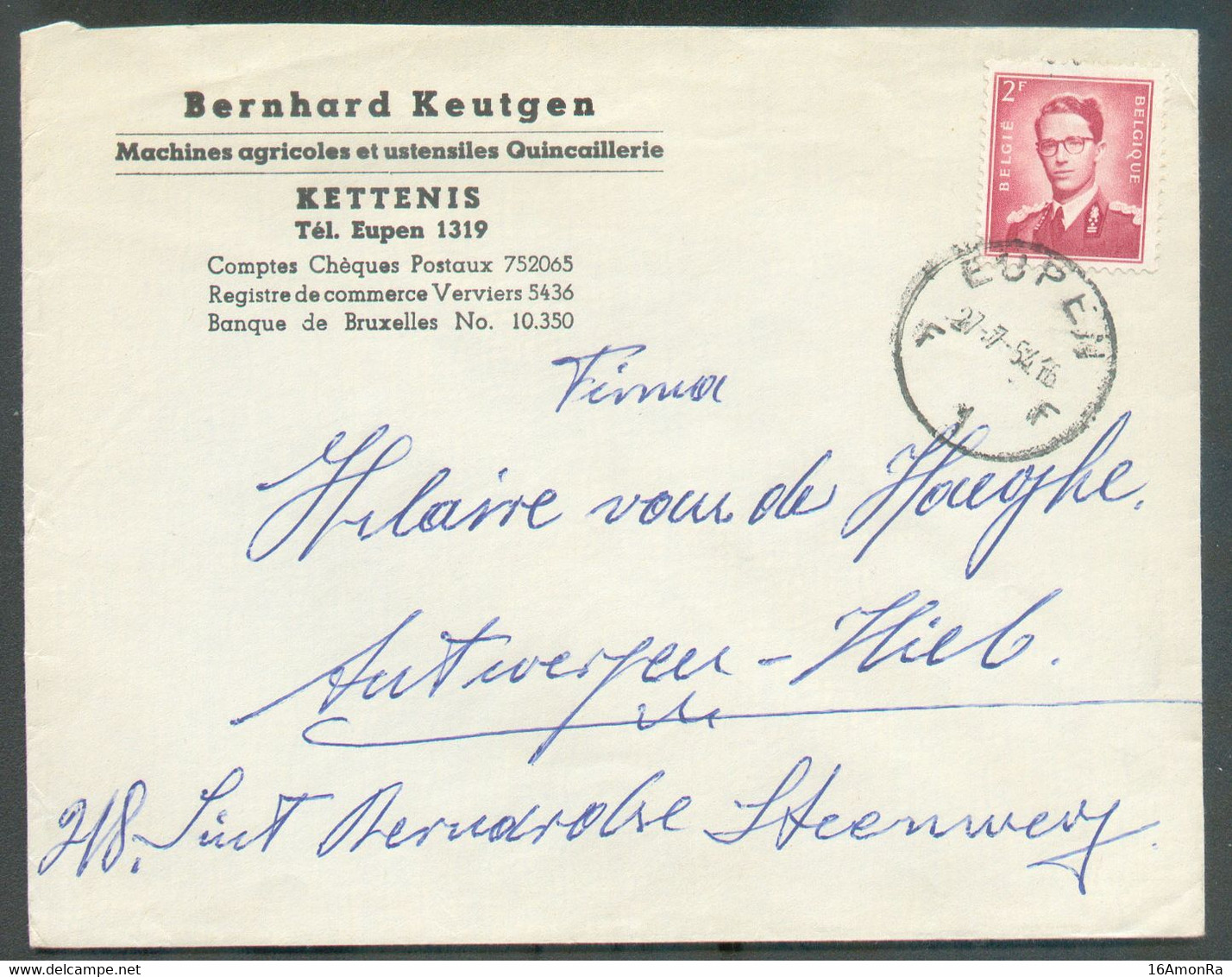 CANTONS De L'EST - 2Fr. Baudouin Obl. Sc EUPEN Sur Lettre De Bernhard Keutgen KETTENIS  Machines Agricoles Et Quincaille - 1953-1972 Brillen