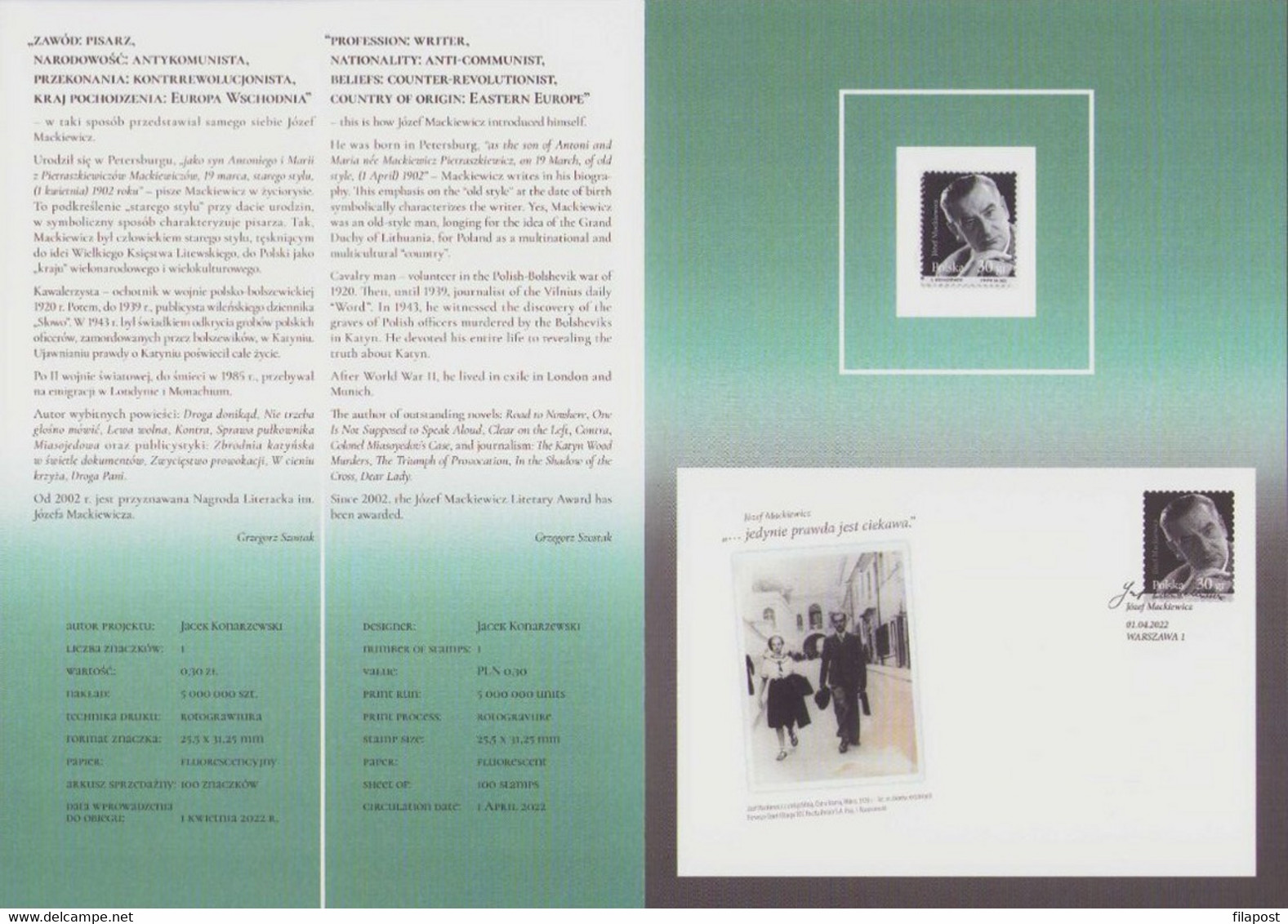 2022 Poland, Booklet / Józef Mackiewicz - Writer, Publicist, Anti-communist, Cavalryman, Polish-Bolshevik War / MNH** - Libretti