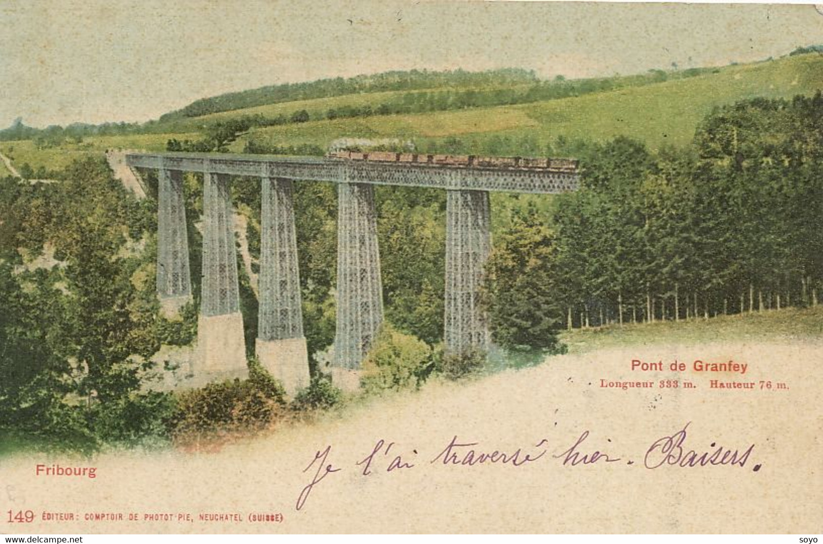 Train On Bridge Fribourg Pont De Granfey Hand Colored Timbre Taxe à Gien Loiret - Opere D'Arte