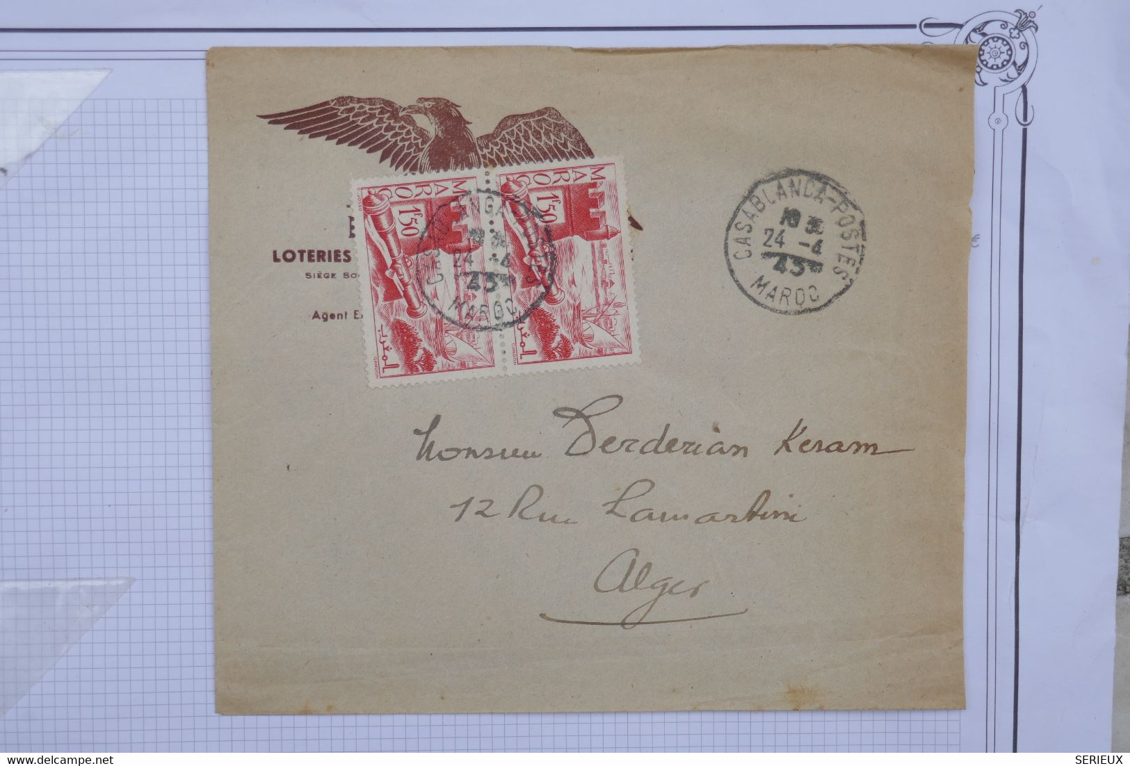 AS17 MAROC    BELLE  LETTRE PRIVEE 1945   CASABLANCA   POUR ALGER   + PAIRE DE TP +++ AFFRANCH. INTERESSANT - Briefe U. Dokumente