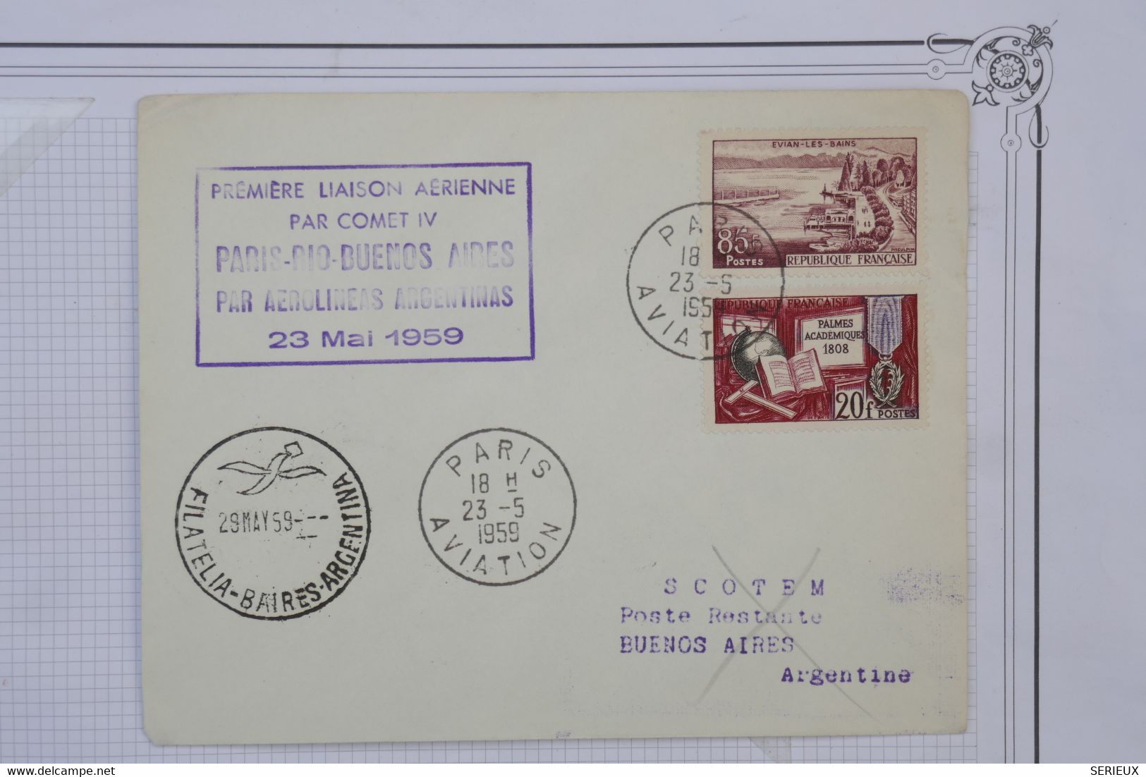 M11 FRANCE BELLE LETTRE 1959  1ER VOL   COMET IV PARIS POUR BUENOS AIRES ++AEROPHILATELIE+ AFFRANCH. PLAISANT - 1960-.... Covers & Documents