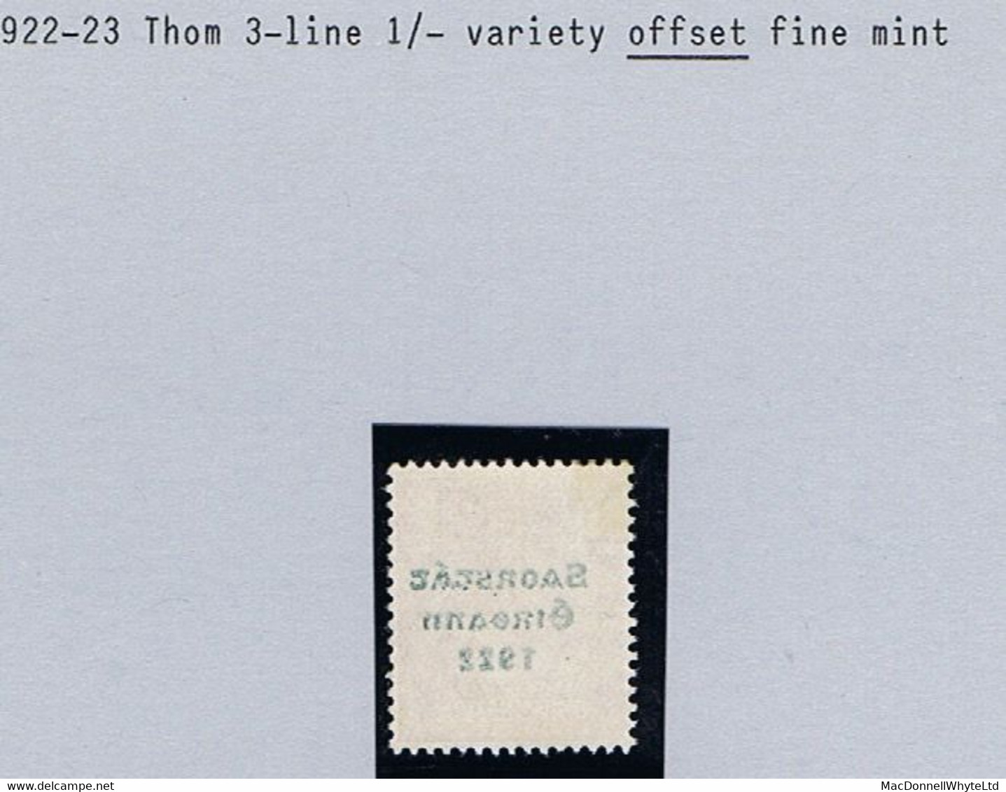 Ireland 1922-23 Thom Saorstát 1s Bistre-brown, Variety  "Offset On Reverse" Mint Hinged - Unused Stamps