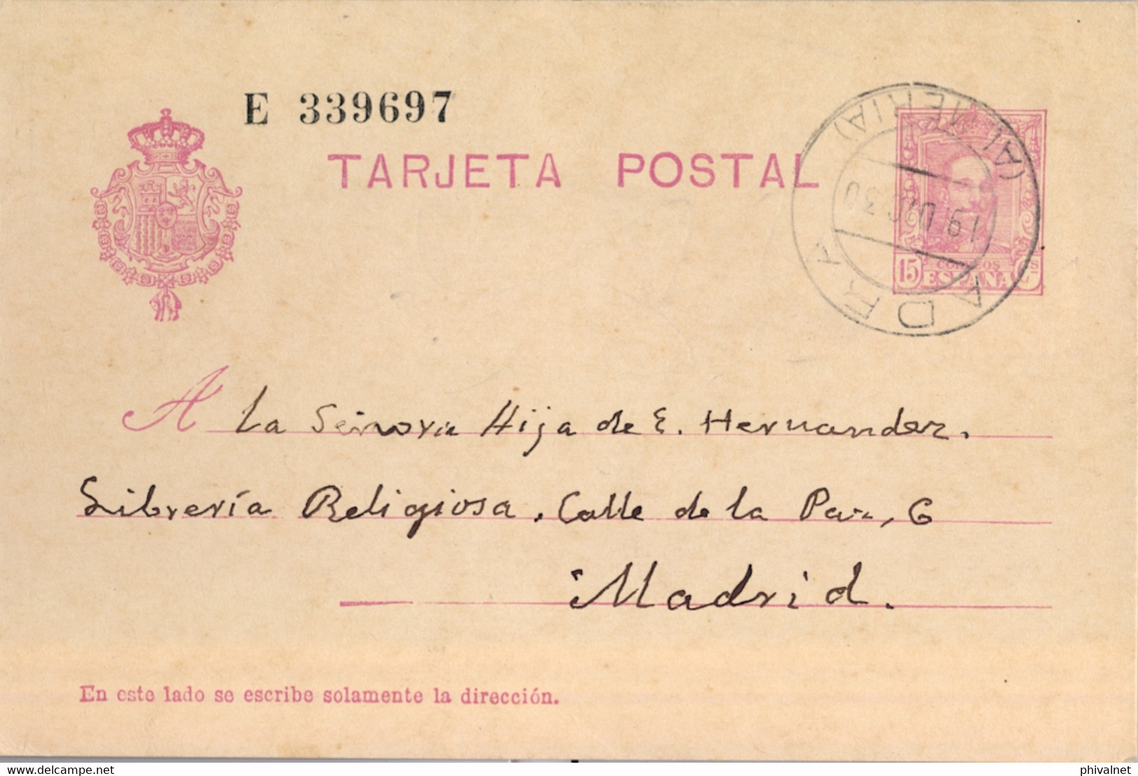 1930 ALMERIA ,  E.P. 57 CIRCULADO ENTRE ADRA Y MADRID - 1850-1931