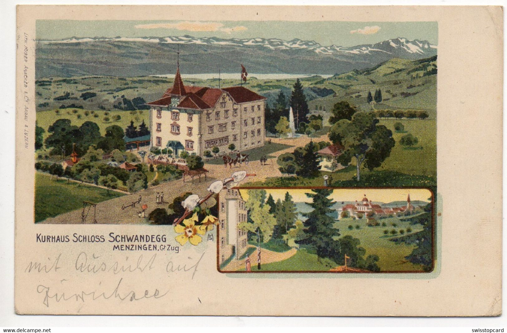 LITHO Kurhaus Schloss Schwandegg MENZINGEN Gel. 1914 Stempel Kurhaus - Menzingen