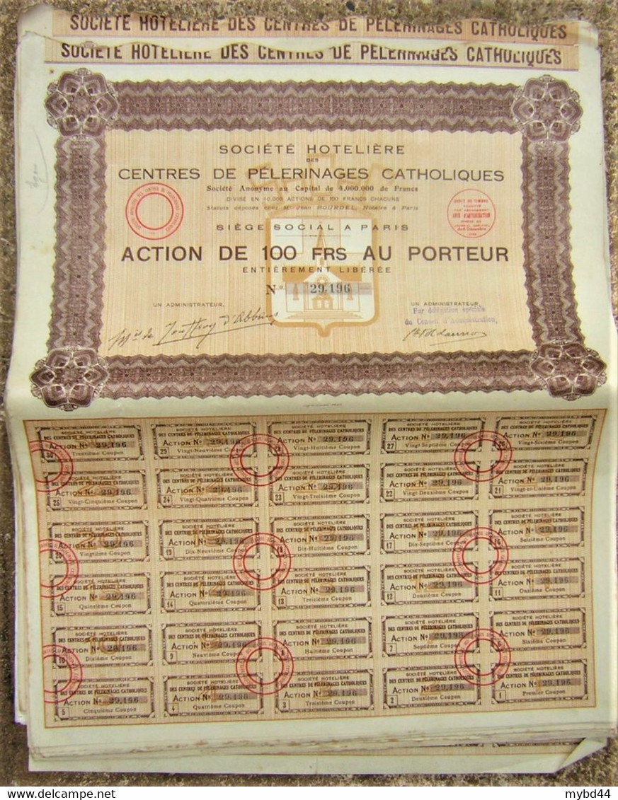 Gros Lot De 15 Vieux Papier Action Rare 100 Cent Franc Société Hotelière Des Centres Pélerinage Catholique 1932 Illustré - Toerisme