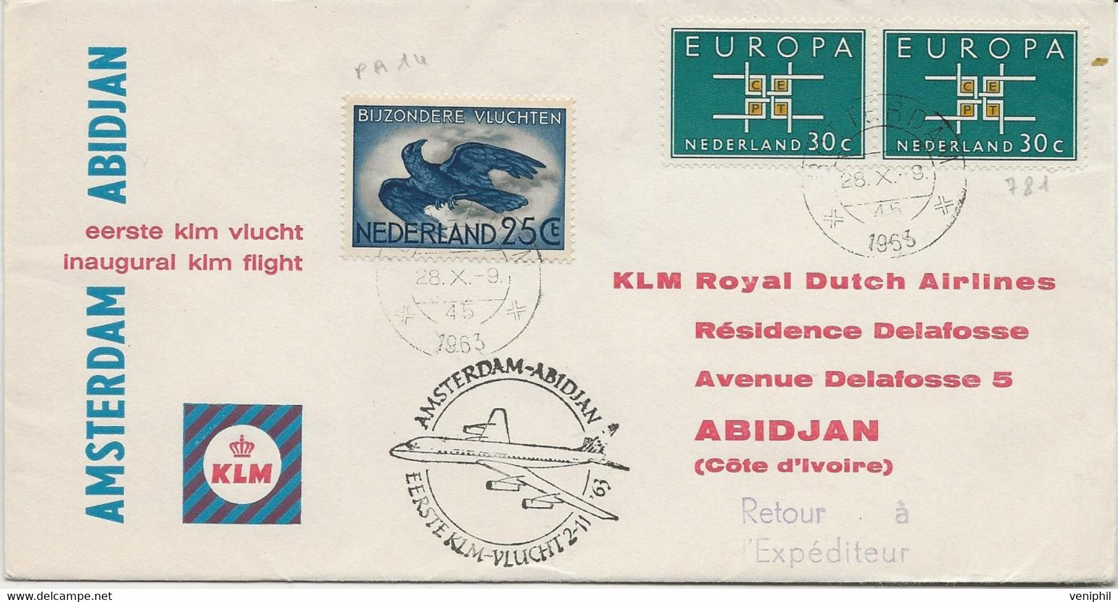 PAYS - BAS - LETTRE PREMIER VOL KLM - AMSTERDAM - ABIDJAN - 2-11-63 AFFRANCHIE N° 781 X2 +PA N° 14 - Luchtpost