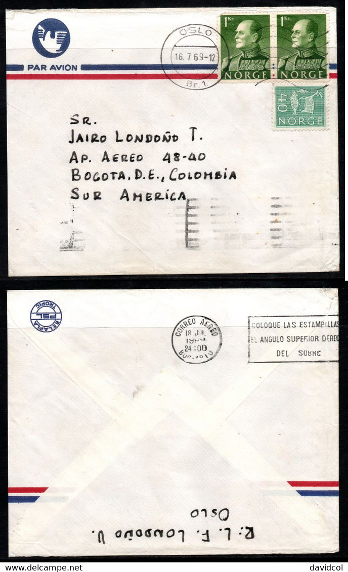 CA295- COVERAUCTION!!! - NORWAY 1969  TO BOGOTA, COLOMBIA- KING OLAV V - Briefe U. Dokumente