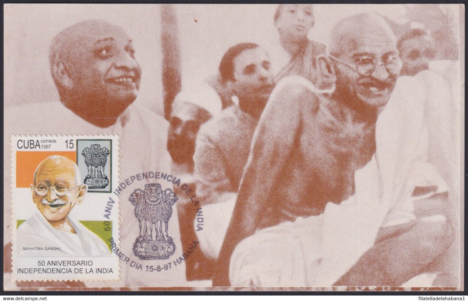 TMA-712 CUBA 1997 FDC SPECIAL CANCEL MAXIM CARD. INDIA MAHATMA GHANDI. - Maximumkarten