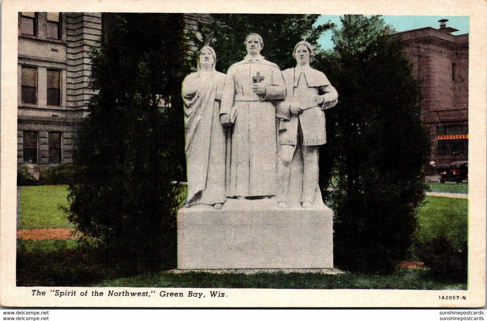 Wisconsin Green Bay Spirit Of The Northwest Statue 1945 Curteich - Green Bay