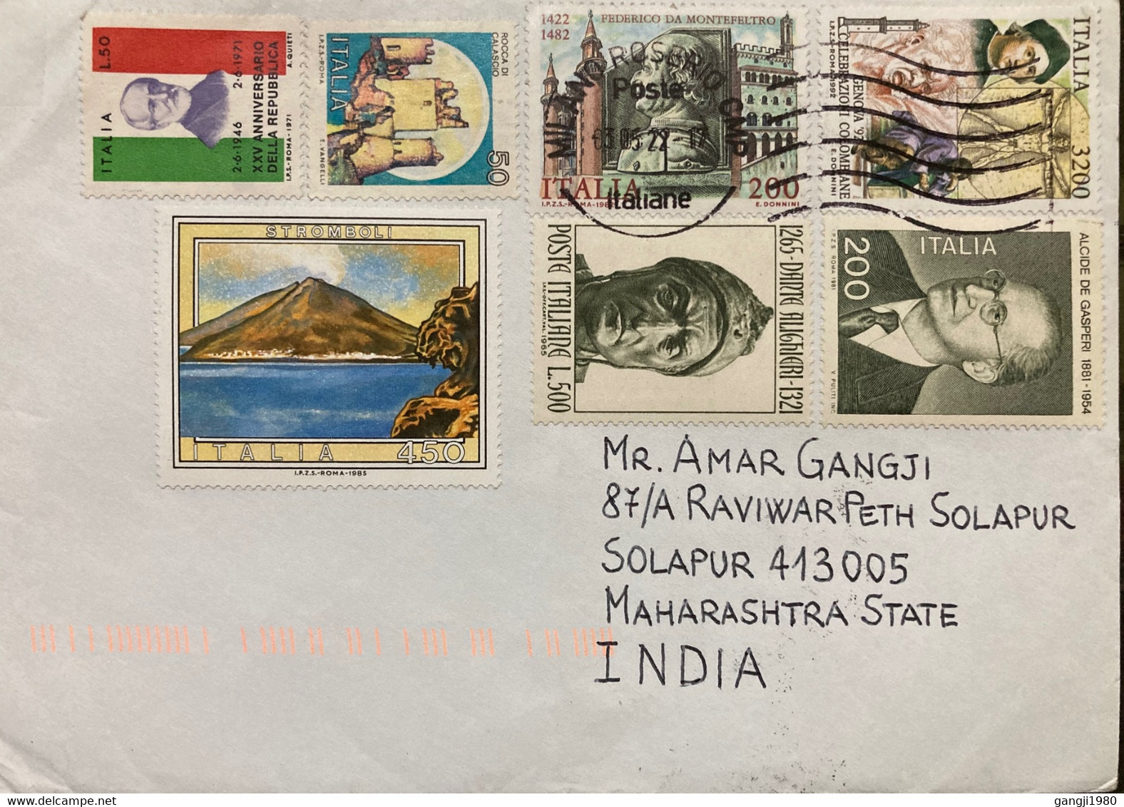 ITALY 2022, DANTE GASPERI ,4650 LIRA RATE ! 7 STAMPS MOUNTAIN,WATER,STROBOLI ,FORT, MILANO CITY CANCELLATION,COVER TO IN - 2021-...: Afgestempeld