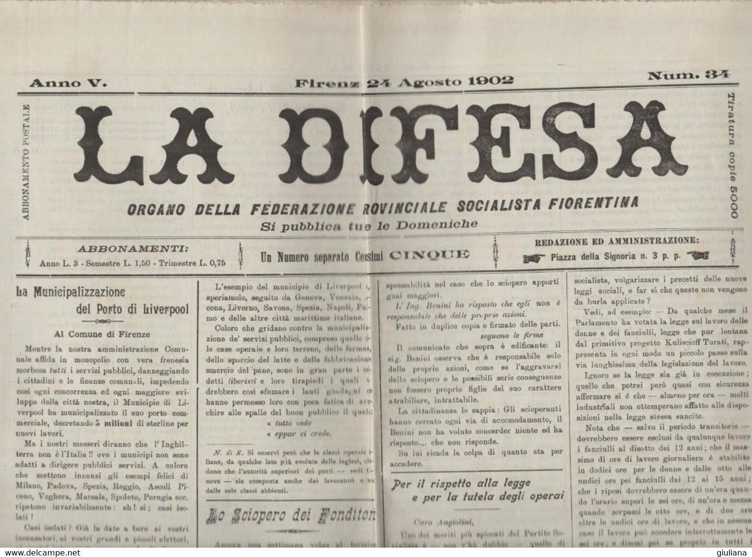 "LA DIFESA" ORGANO DELLA FEDERAZIONE PROV. SOCIALISTA FIORENTINA. - Société, Politique, économie