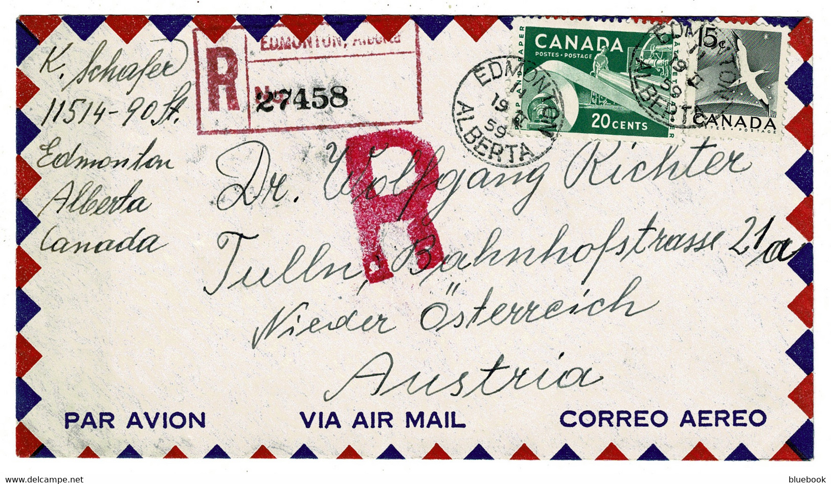 Ref 1546 - 1959 Registered Airmail Cover Edmonton Alberta Canada 35c Rate To Austria - Lettres & Documents