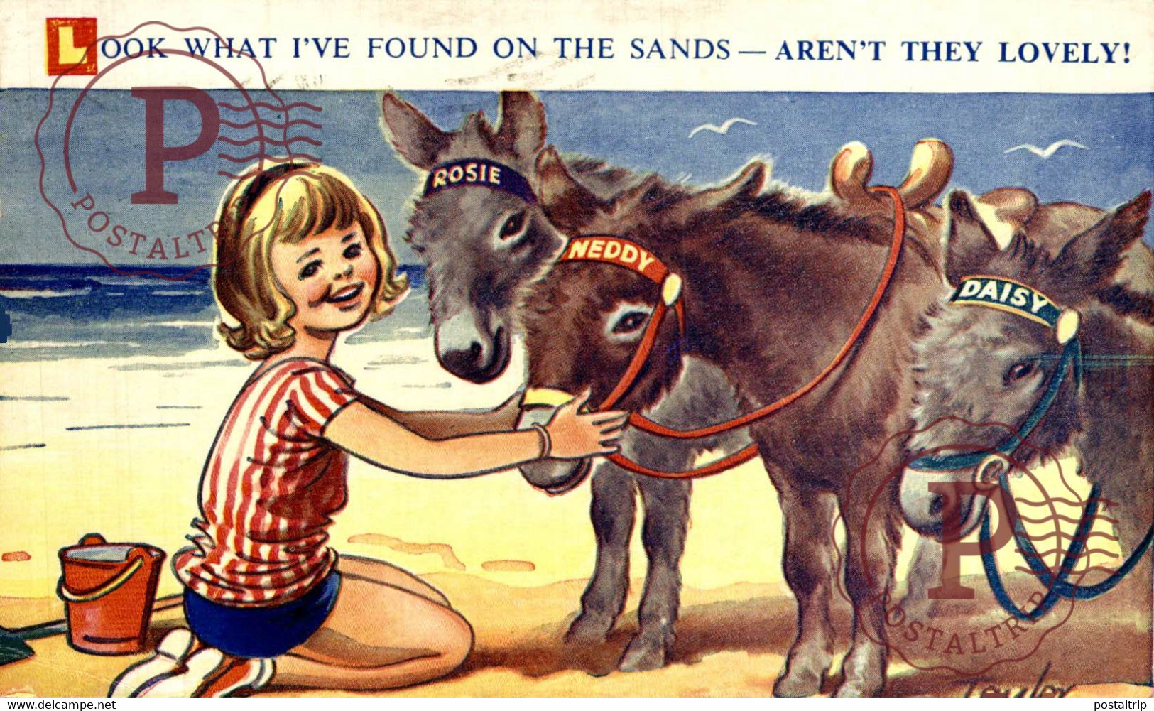 TAYLOR ILLUSTRATION. LOOK WHAT I'VE FOUND ON THE SANDS. SEASIDE KIDDY BAMFORTH CHILDRENS BURROS DONKEYS ÂNES - Taylor