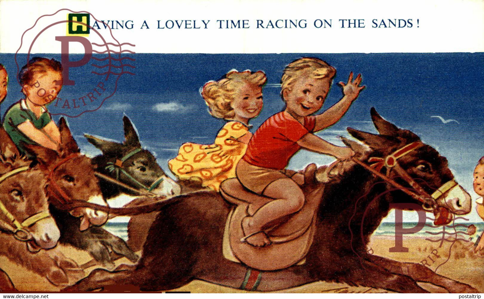 TAYLOR ILLUSTRATION. HAVING A LOVELY TIME RACING ON THE SANDS!. SEASIDE KIDDY BAMFORTH CHILDRENS BURROS DONKEYS ÂNES - Taylor