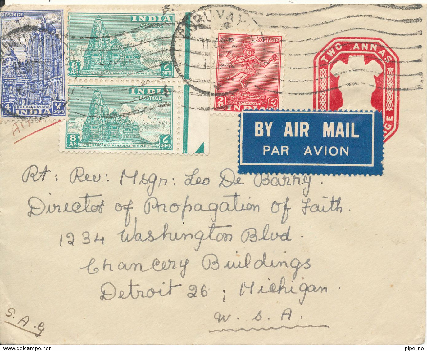 India Postal Stationery Cover Uprated And Sent To USA 1954 - Buste