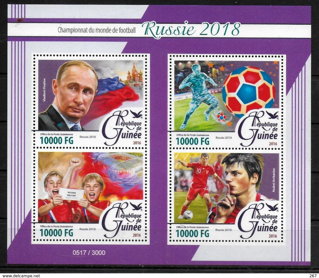 GUINEE   Feuillet N°  8277/80  * *  ( Cote 17e )  Cup  2018   Football  Soccer  Fussball Poutine - 2018 – Rusland