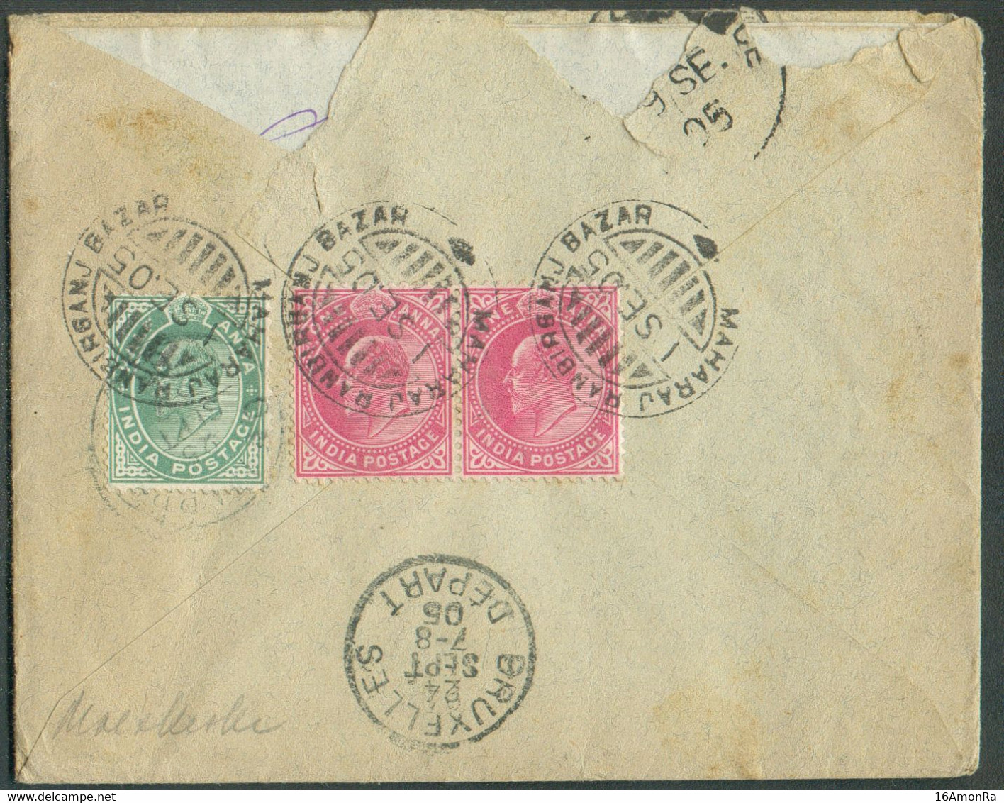 King Edouard ½p. + 1p. (pair) Cancelled MAHARAJ RAMRANBIRGANJ BAZAR On The Back Of A Cover 1 Sept. 1905 To Brussels (Bel - 1902-11  Edward VII